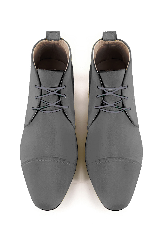 Dove grey women's ankle boots with laces at the front. Round toe. Low flare heels. Top view - Florence KOOIJMAN